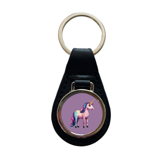 Unicorn Standing Colorful Black Leather Metal Keychain