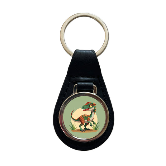 Velociraptor Dinosaur Black Leather Metal Keychain