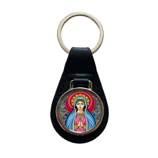 Virgin Mary Stained Glass Christian Religious Catholic Black Leather Metal Keychain