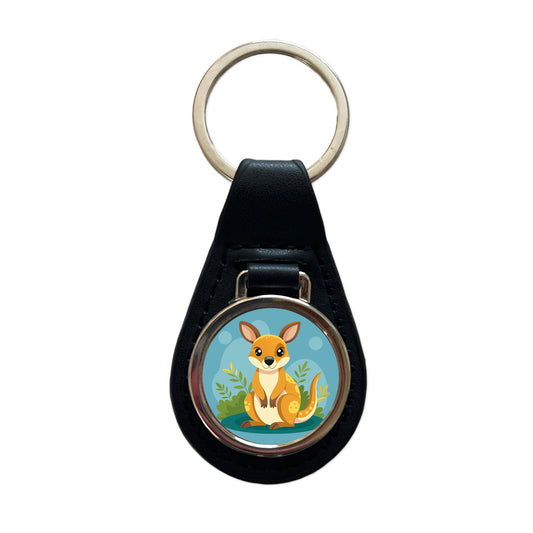 Wallaby Small Kangaroo Cute Australian Animal Black Leather Metal Keychain