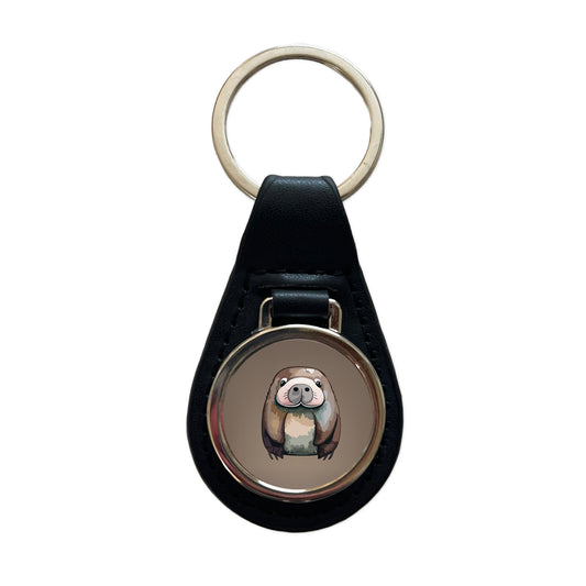 Walrus Cute Watercolor Black Leather Metal Keychain