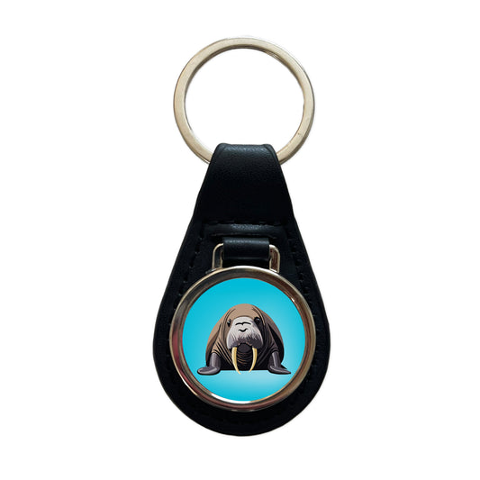 Walrus Sea Ocean Animal Black Leather Metal Keychain