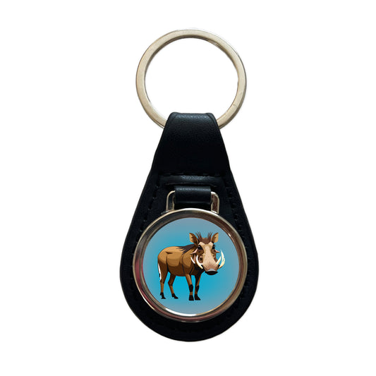 Warthog Pig Standing Black Leather Metal Keychain