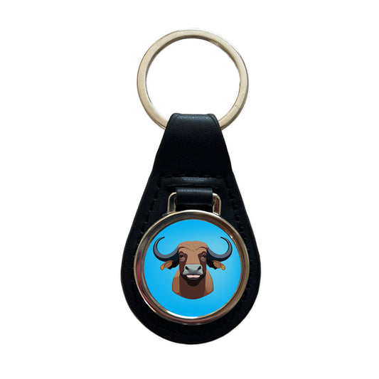 Water Buffalo Smiling Black Leather Metal Keychain