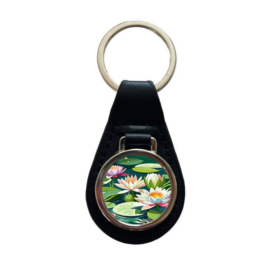 Water Lilies Lily Pond Black Leather Metal Keychain
