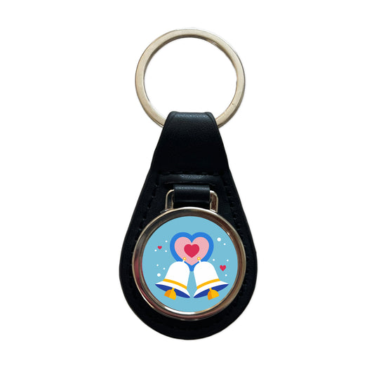 Wedding Bells Heart Love Marriage Black Leather Metal Keychain
