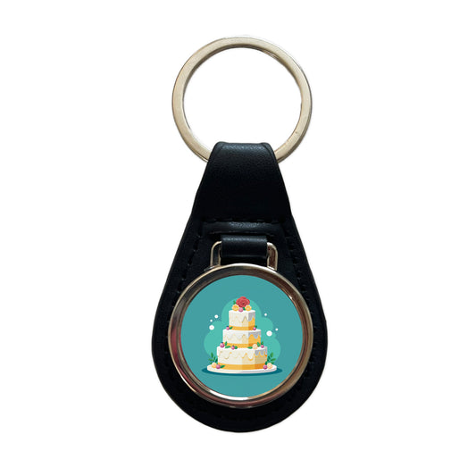 Wedding Cake Marriage Love Anniversary Black Leather Metal Keychain
