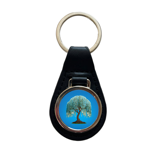 Weeping Willow Tree Black Leather Metal Keychain