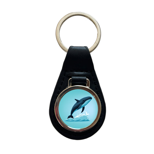 Whale Jumping Out of Water Black Leather Metal Keychain