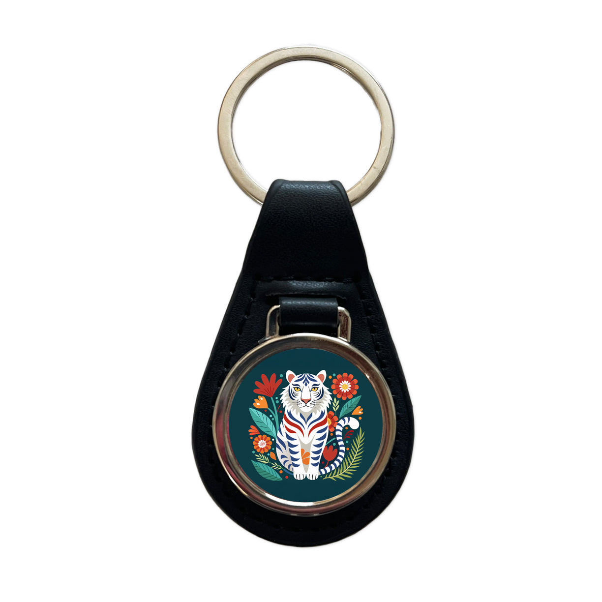 White Tiger Floral Flowers Black Leather Metal Keychain