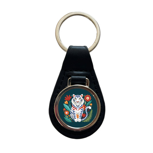 White Tiger Floral Flowers Black Leather Metal Keychain