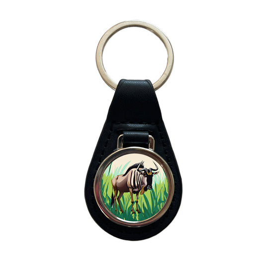 Wildebeest Africa Animal Black Leather Metal Keychain