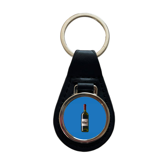 Wine Bottle Black Leather Metal Keychain