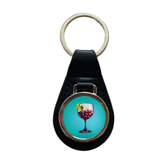 Wine Glass with Grapes Black Leather Metal Keychain