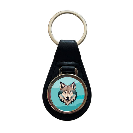 Wolf Face Watercolor Black Leather Metal Keychain