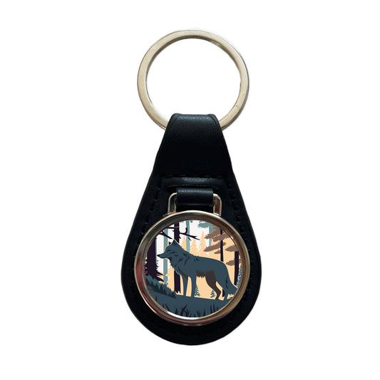 Wolf Gray in Forest Black Leather Metal Keychain
