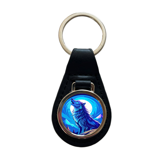 Wolf Howling at Blue Moon Black Leather Metal Keychain