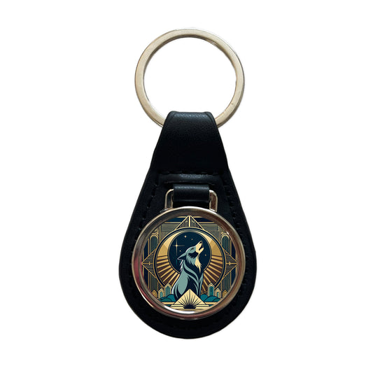 Wolf Howling at Moon Art Deco Black Leather Metal Keychain