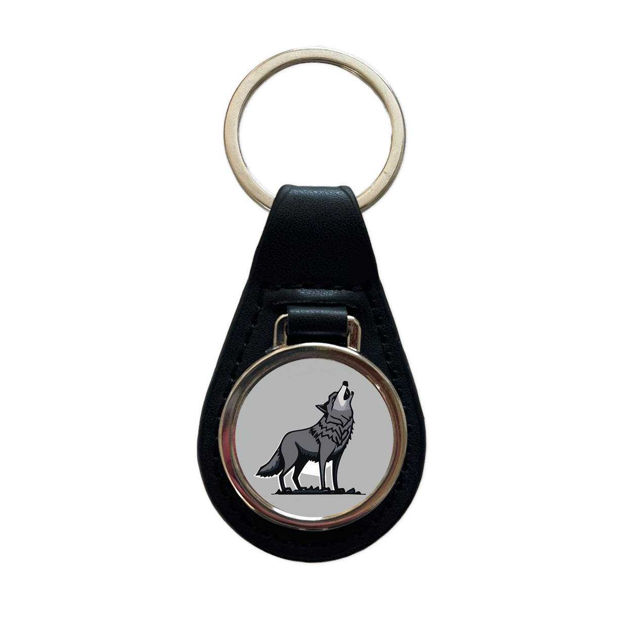 Wolf Howling Black Leather Metal Keychain