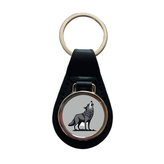 Wolf Howling Black Leather Metal Keychain