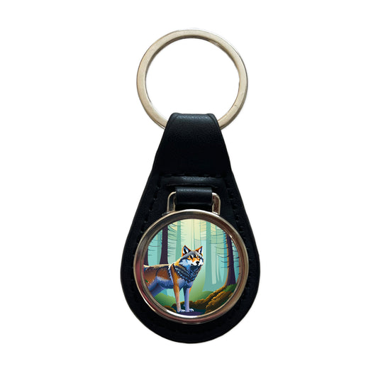 Wolf in Forest Woodland Wilderness Black Leather Metal Keychain