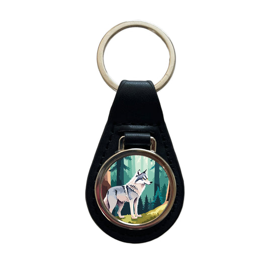 Wolf Standing Watercolor Black Leather Metal Keychain