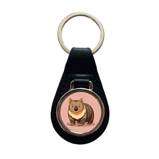 Wombat Australian Animal Cute Black Leather Metal Keychain