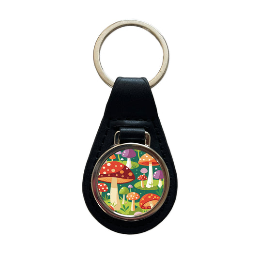 Woodland Mushrooms in the Forest Scattered Black Leather Metal Keychain
