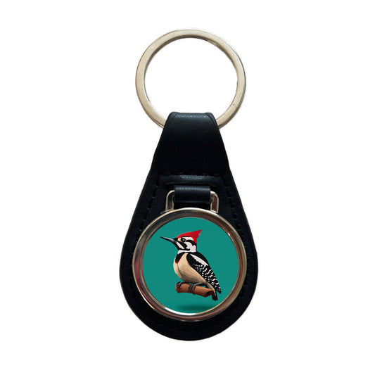 Woodpecker Bird on Branch Black Leather Metal Keychain