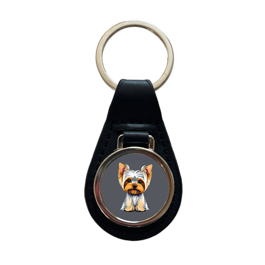 Yorkshire Terrier Dog Sitting Black Leather Metal Keychain