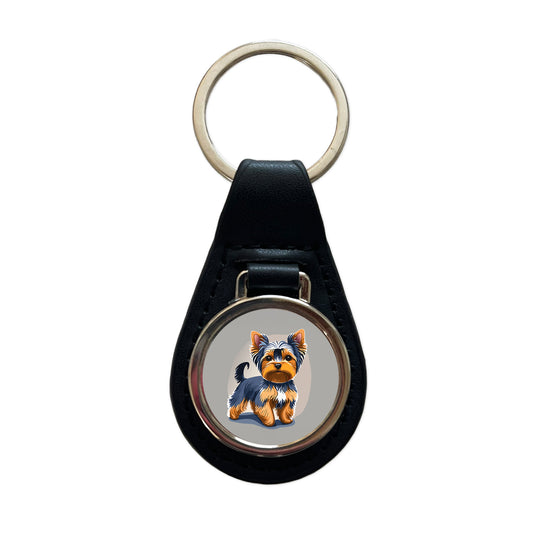 Yorkshire Terrier Dog Standing Black Leather Metal Keychain