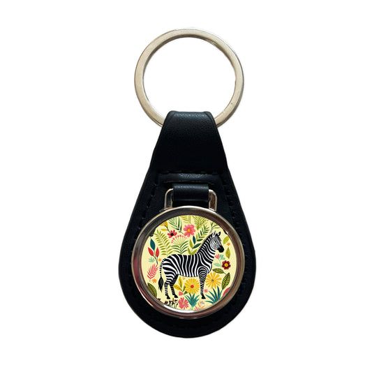Zebra Floral Flowers Motif Black Leather Metal Keychain