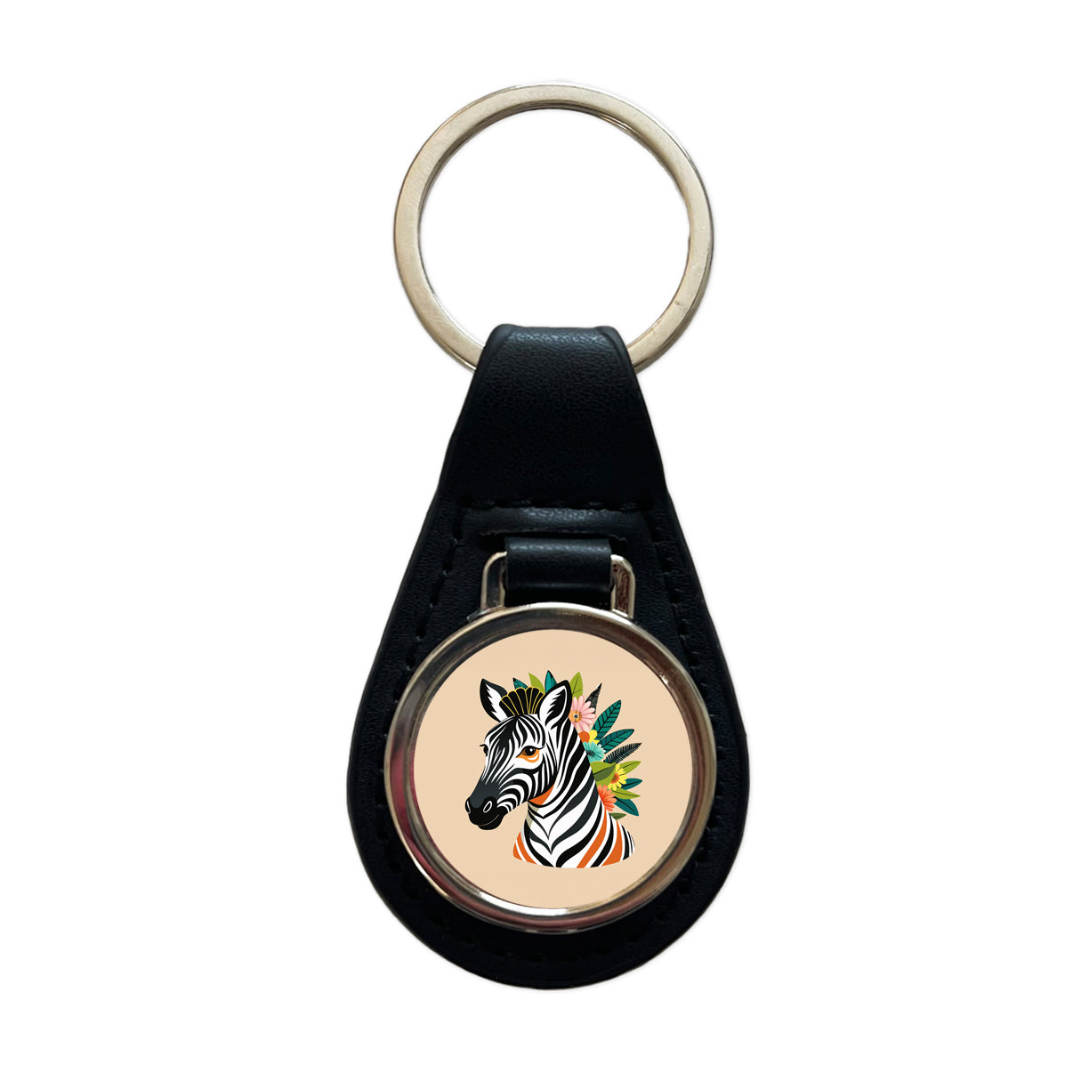 Zebra Head Floral Flowers Black Leather Metal Keychain