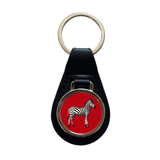 Zebra Standing Profile Black Leather Metal Keychain