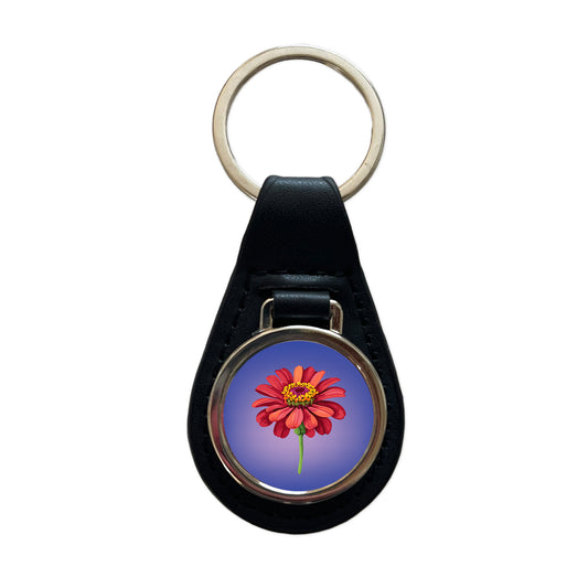 Zinnia Flower Red Watercolor Black Leather Metal Keychain