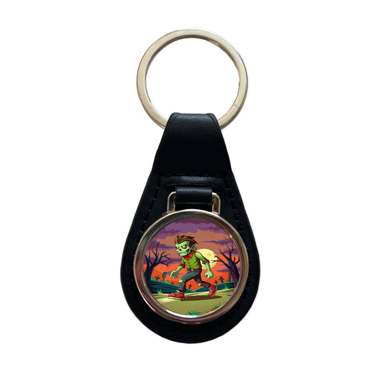 Zombie Walking Black Leather Metal Keychain
