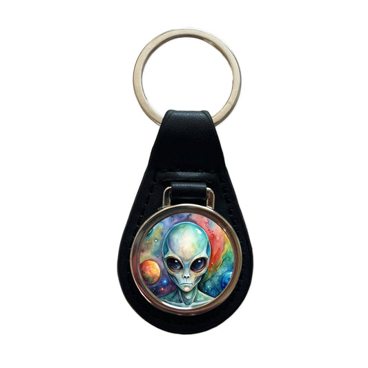 Alien In Space Watercolor Black Leather Metal Keychain