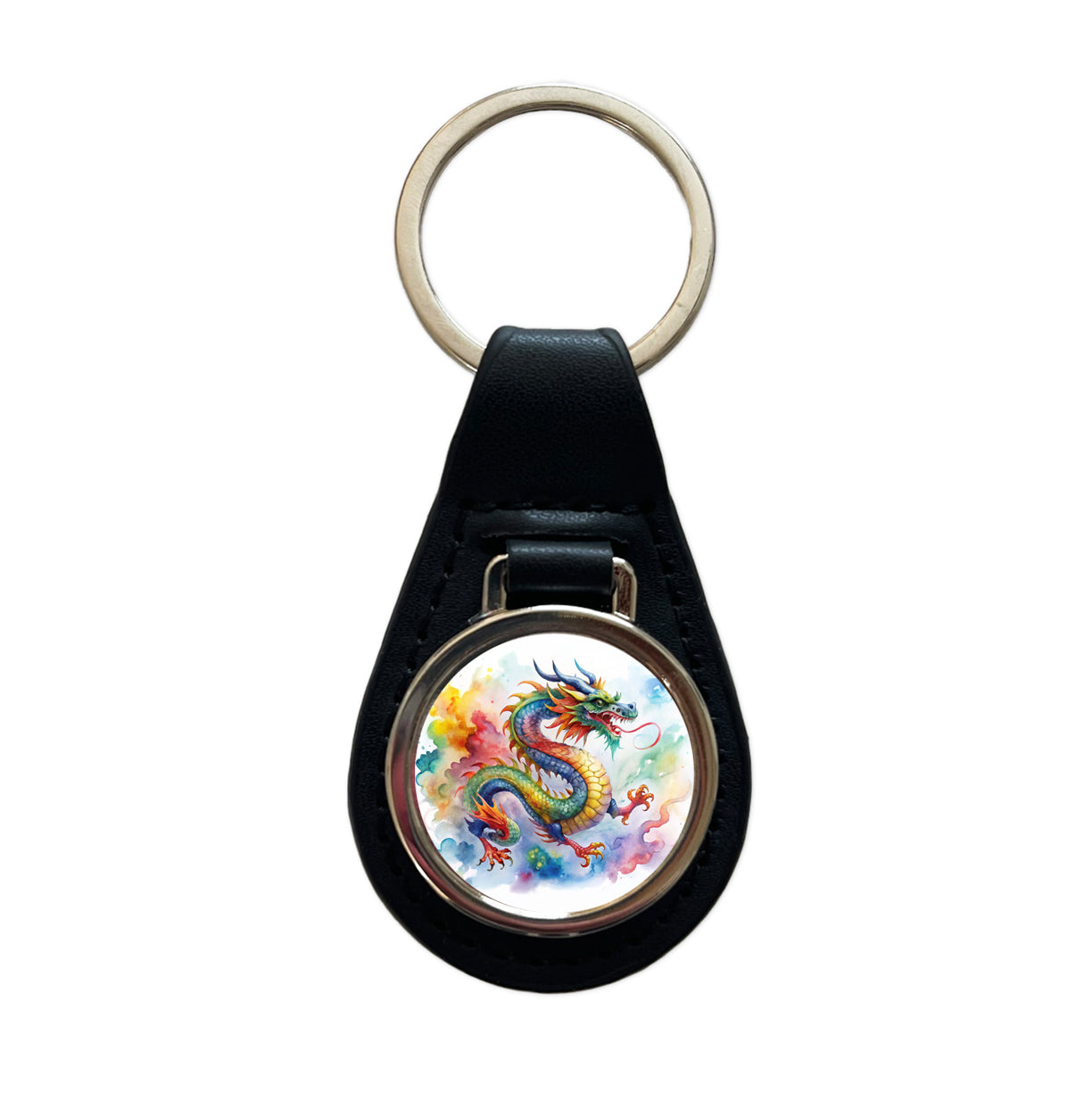 Asian Dragon Watercolor Design Black Leather Metal Keychain