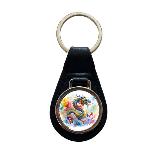 Asian Dragon Watercolor Design Black Leather Metal Keychain
