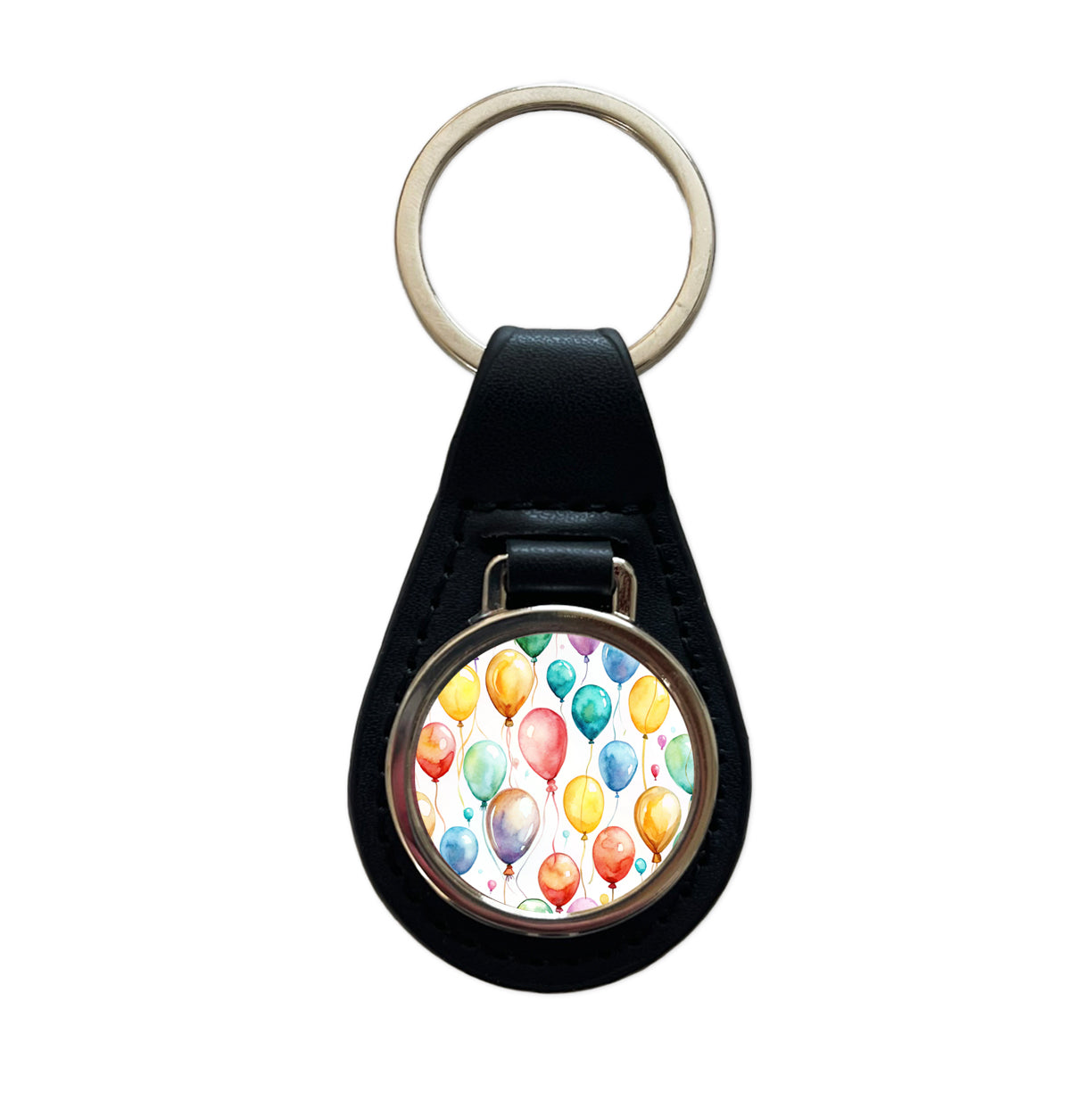 Balloons Colorful Watercolor Birthday Black Leather Metal Keychain