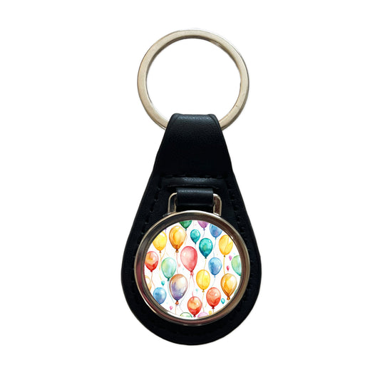 Balloons Colorful Watercolor Birthday Black Leather Metal Keychain