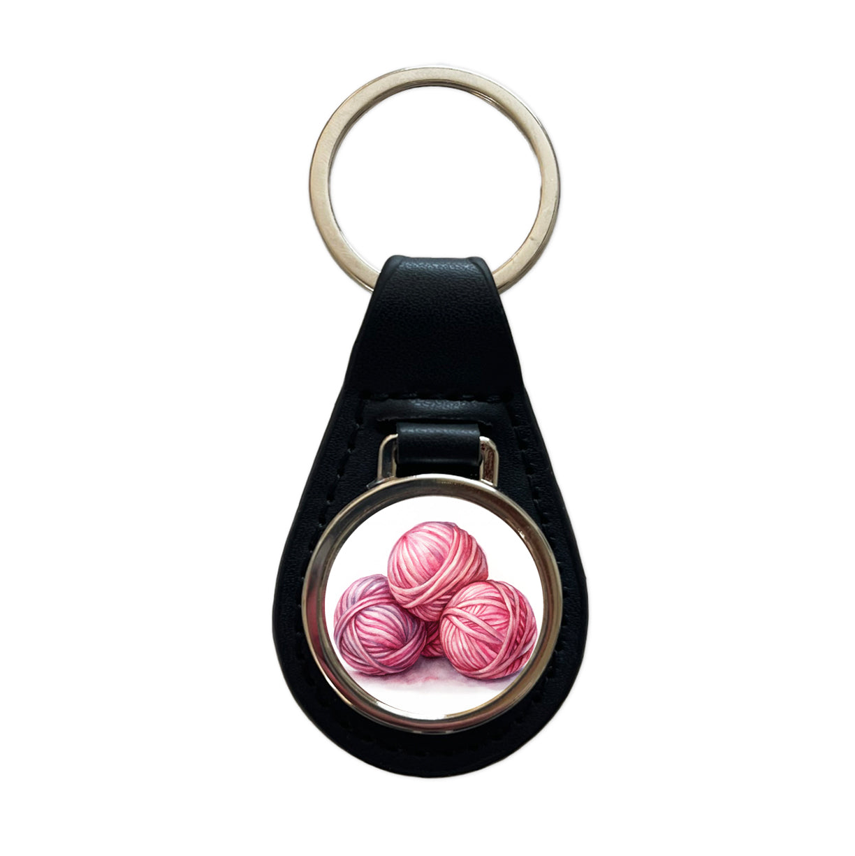 Balls Of Pink Yarn Knitting Crochet Watercolor Black Leather Metal Keychain