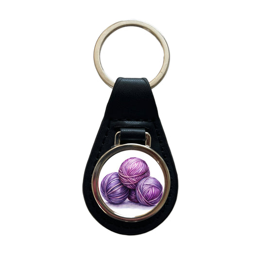 Balls Of Purple Yarn Knitting Crochet Watercolor Black Leather Metal Keychain