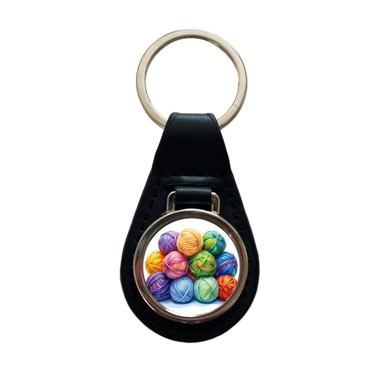 Balls Of Rainbow Yarn Knitting Crochet Watercolor Black Leather Metal Keychain