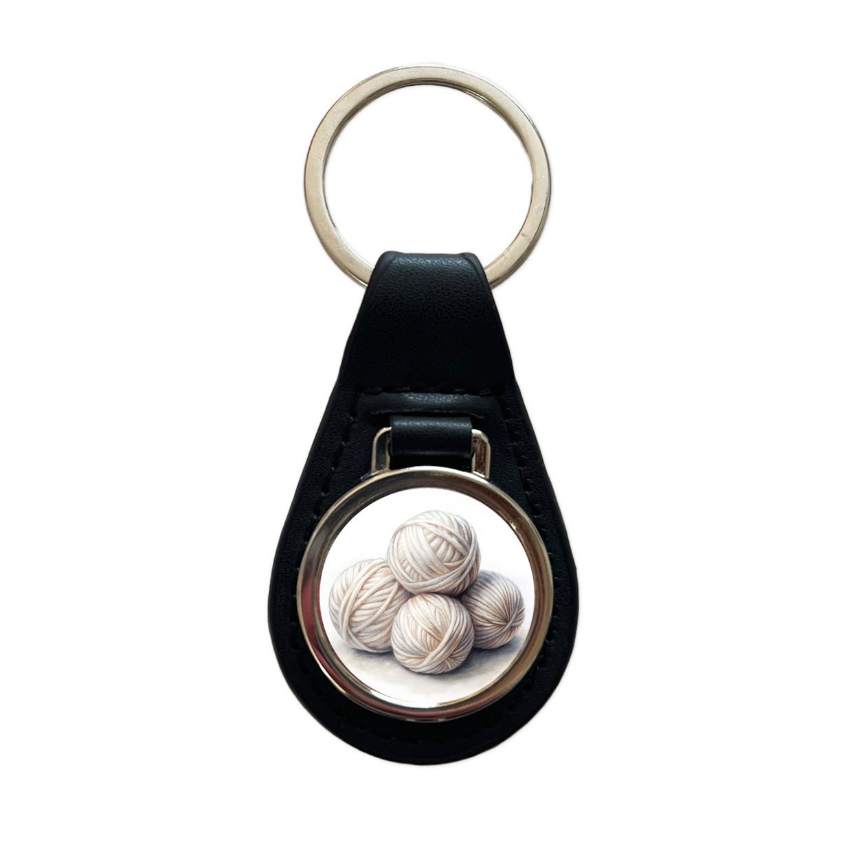 Balls Of White Yarn Knitting Crochet Watercolor Black Leather Metal Keychain