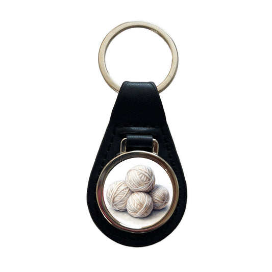 Balls Of White Yarn Knitting Crochet Watercolor Black Leather Metal Keychain
