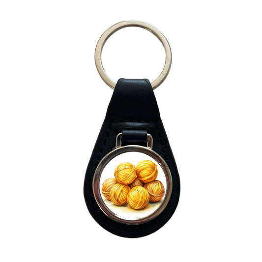 Balls Of Yellow Yarn Knitting Crochet Watercolor Black Leather Metal Keychain