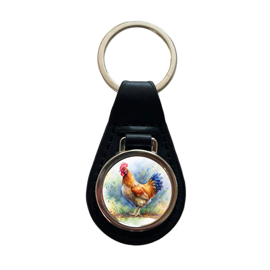 Beautiful Chicken Watercolor Black Leather Metal Keychain