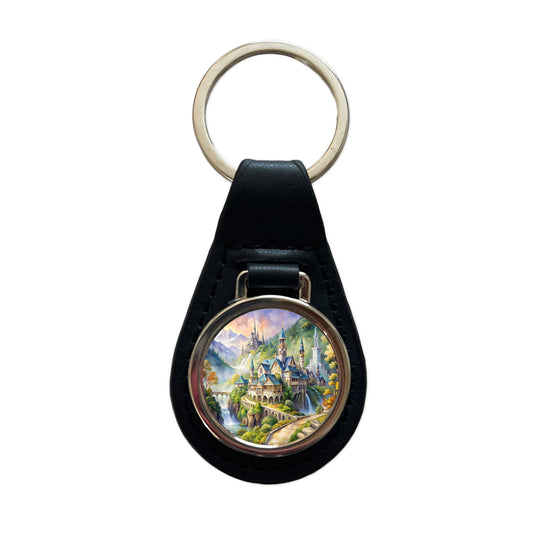 Beautiful Elvish Fantasy Watercolor Design Black Leather Metal Keychain