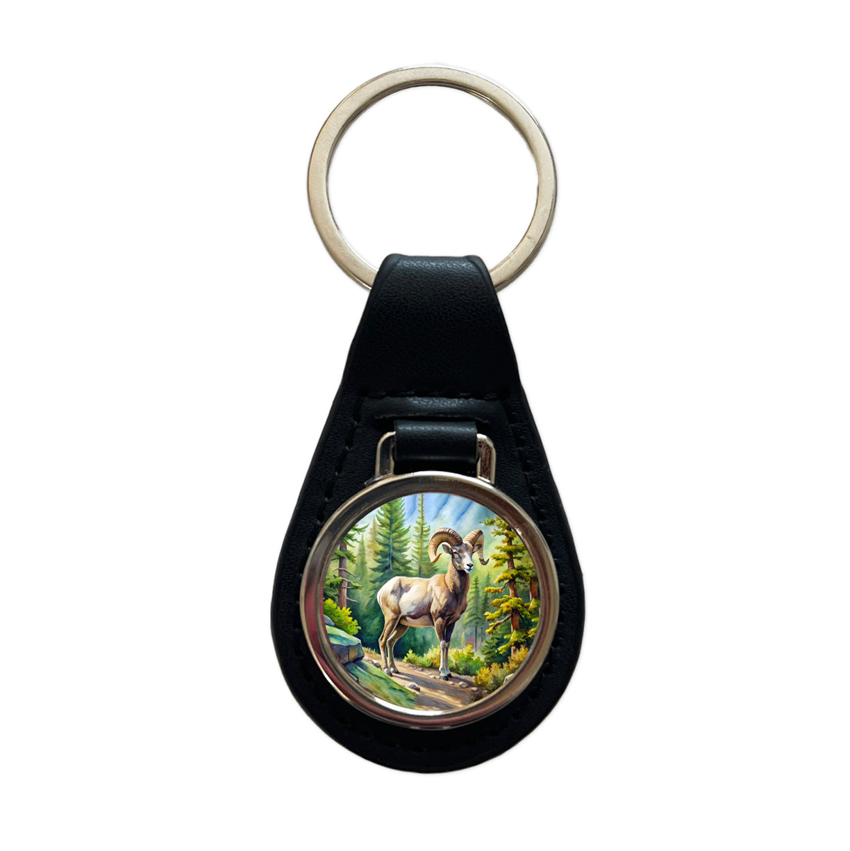 Bighorn Sheep In Forest Watercolor Black Leather Metal Keychain